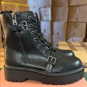 Wild Pair Women's Black Lace-Up Platform Combat Boots with Buckle & Zipper
